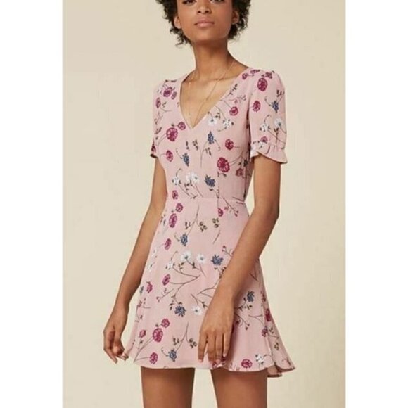 Reformation Sue Dress Womens 2 Blush Pink Floral Mini Fit Flare V Neck Eden - Picture 2 of 6